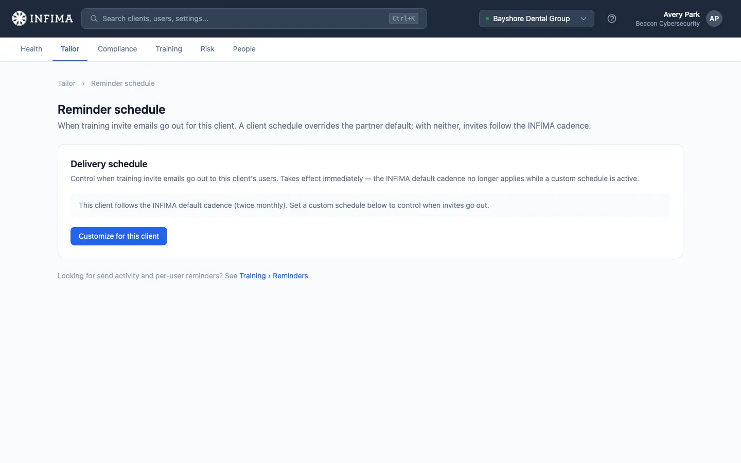 Client Reminder Schedule page showing the inherited schedule and customize option