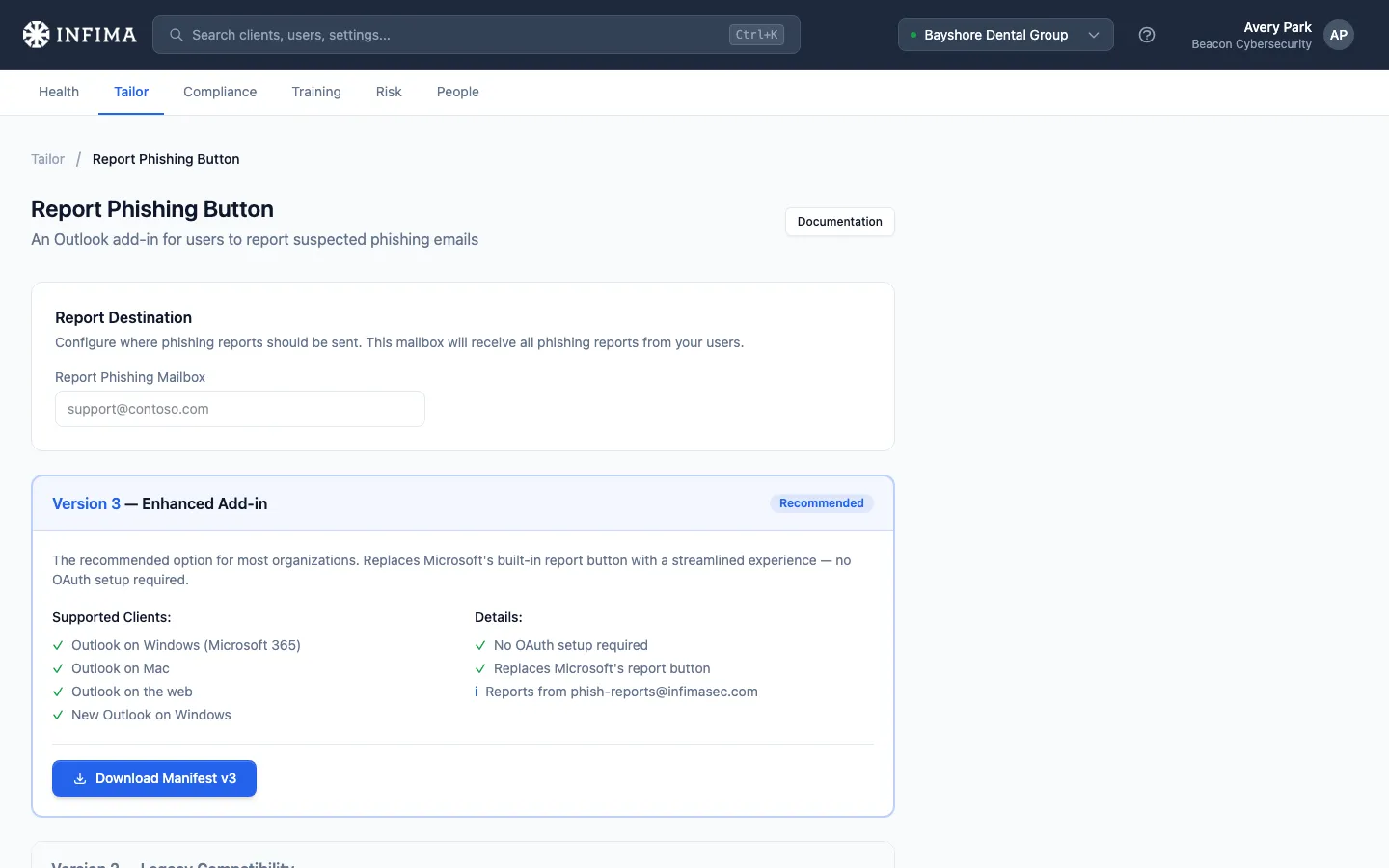 Tailor Report Phishing button configuration page