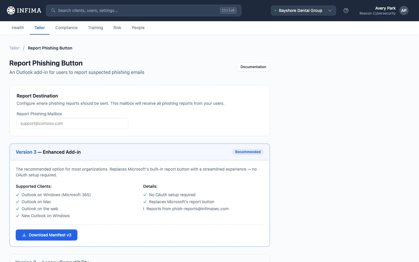 Tailor Report Phishing button configuration page