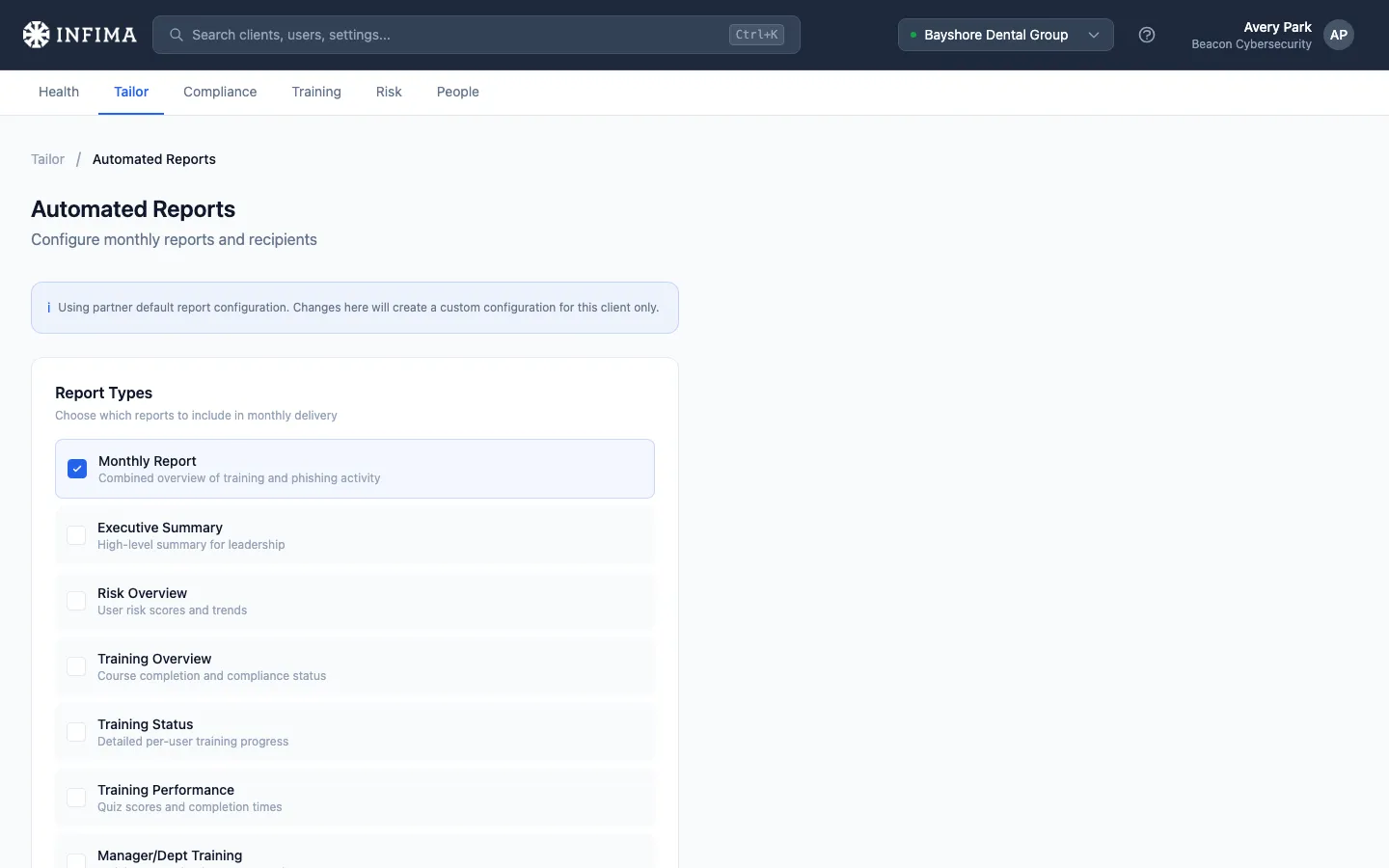 Tailor Automated Reports page with report-type toggles and recipient list