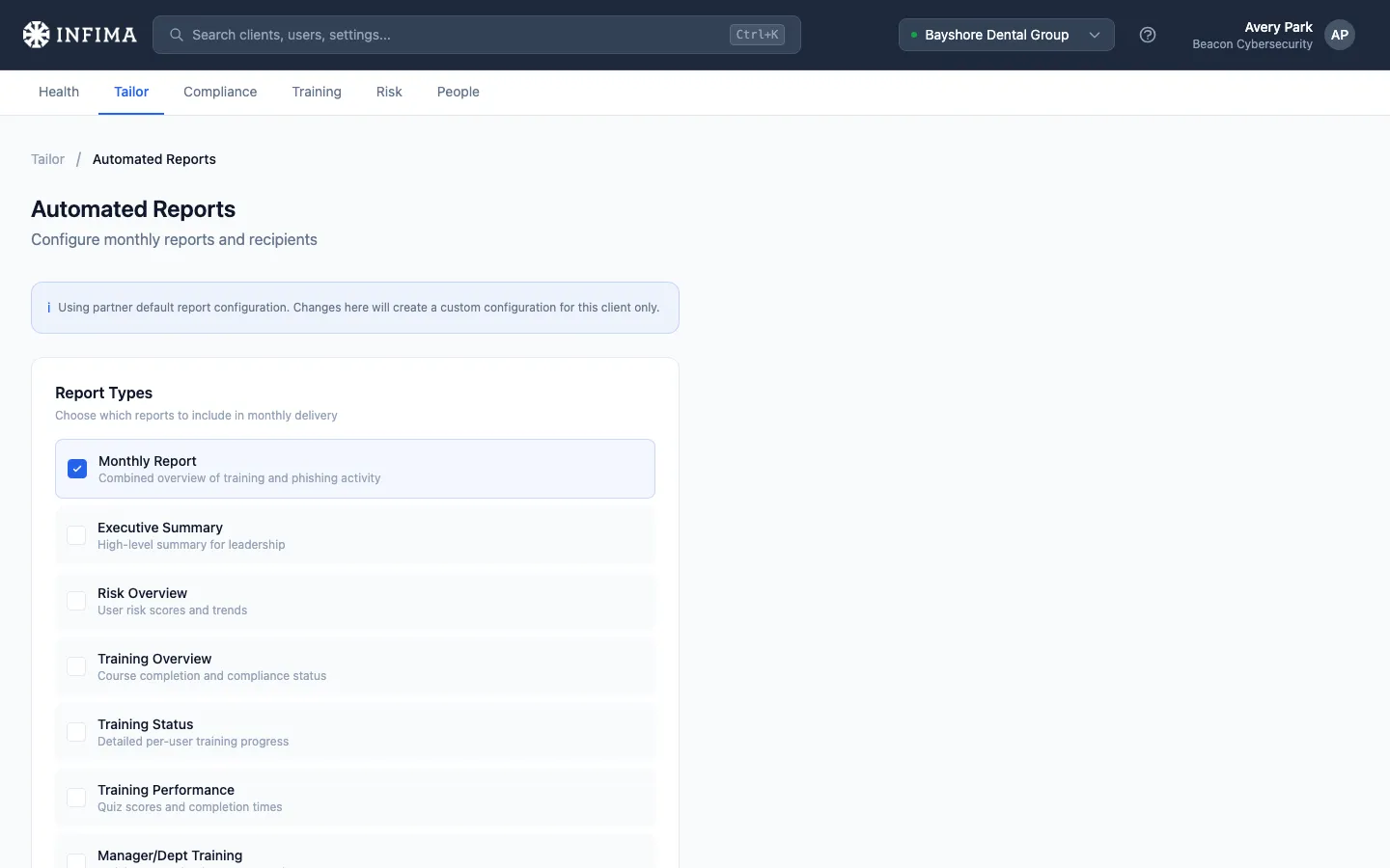 Tailor Automated Reports page with report-type toggles and recipient list