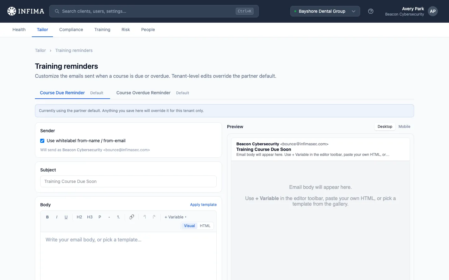 Tailor Training Reminders editor with tabs for due and overdue