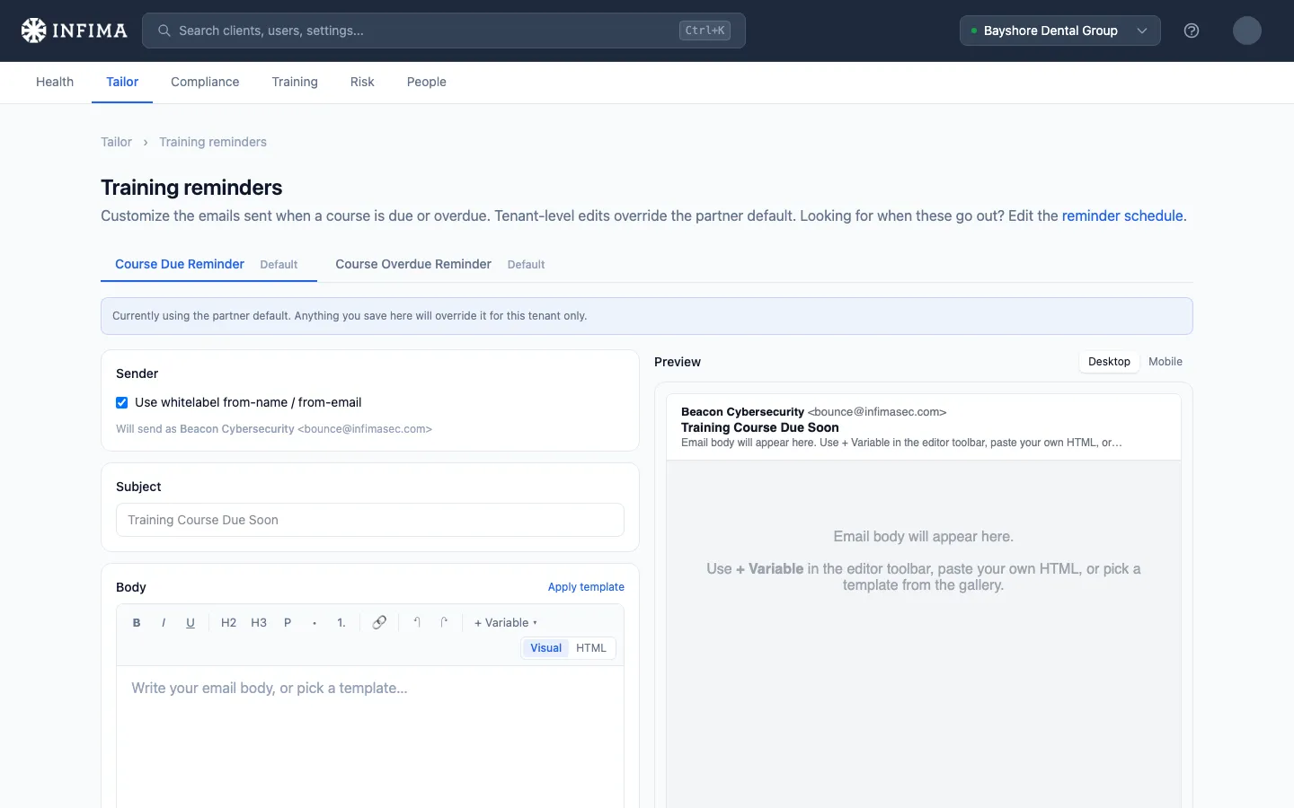 Tailor Training Reminders editor with tabs for due and overdue