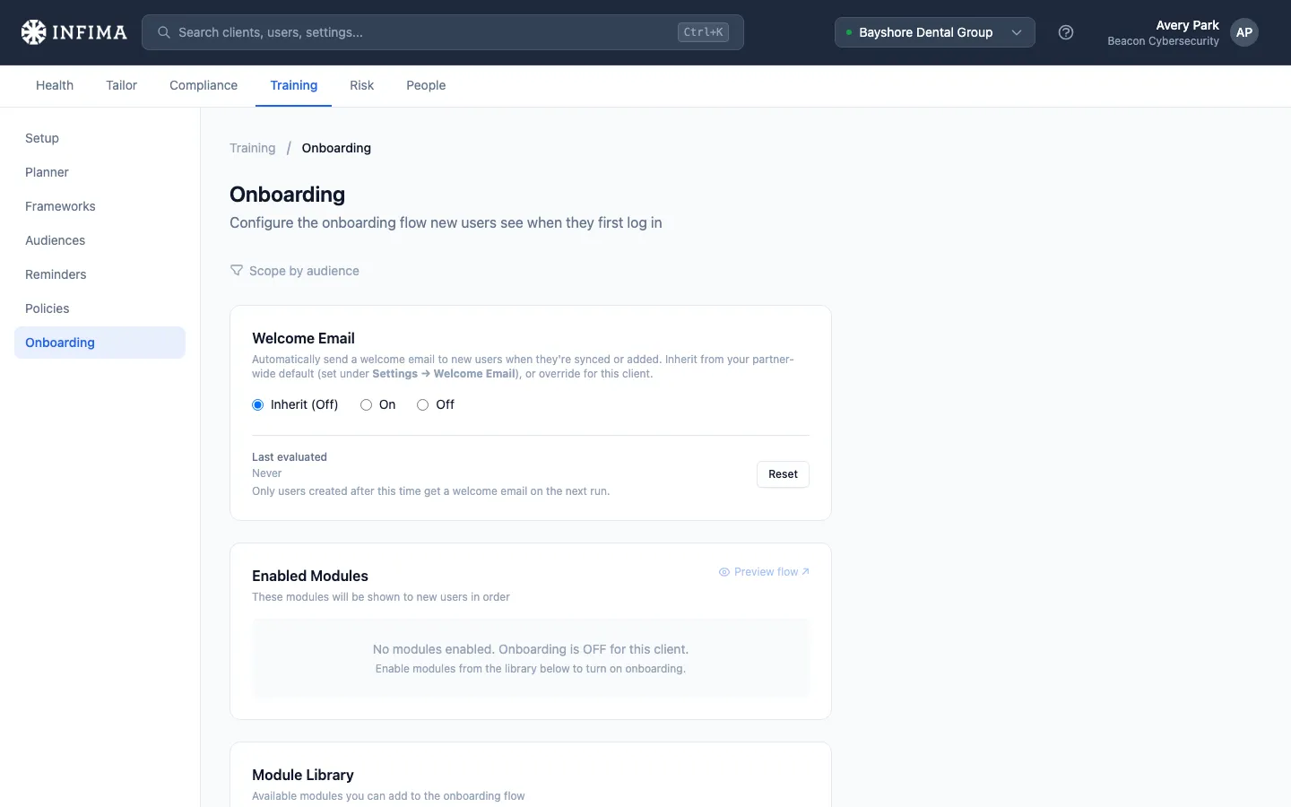 Training onboarding page showing welcome email controls