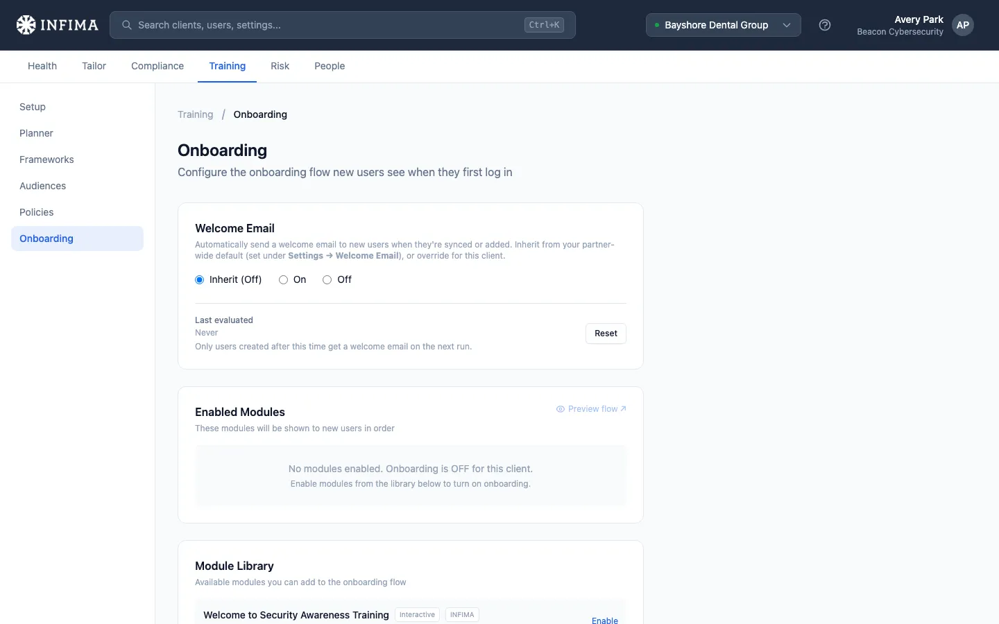 Training onboarding page showing welcome email controls