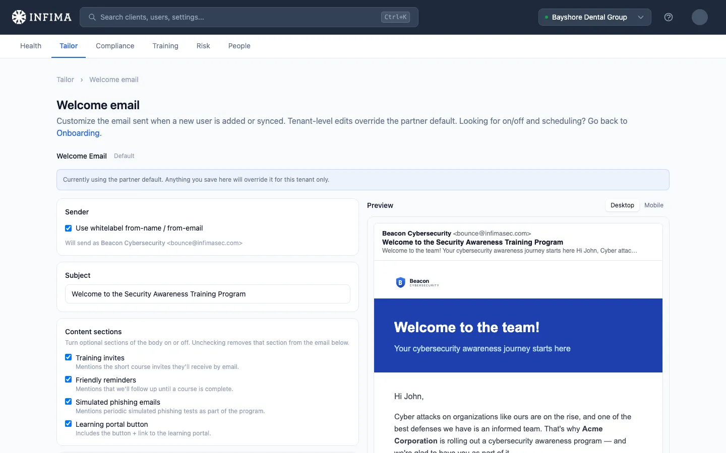 Welcome email editor showing sender, subject, content sections, and live preview