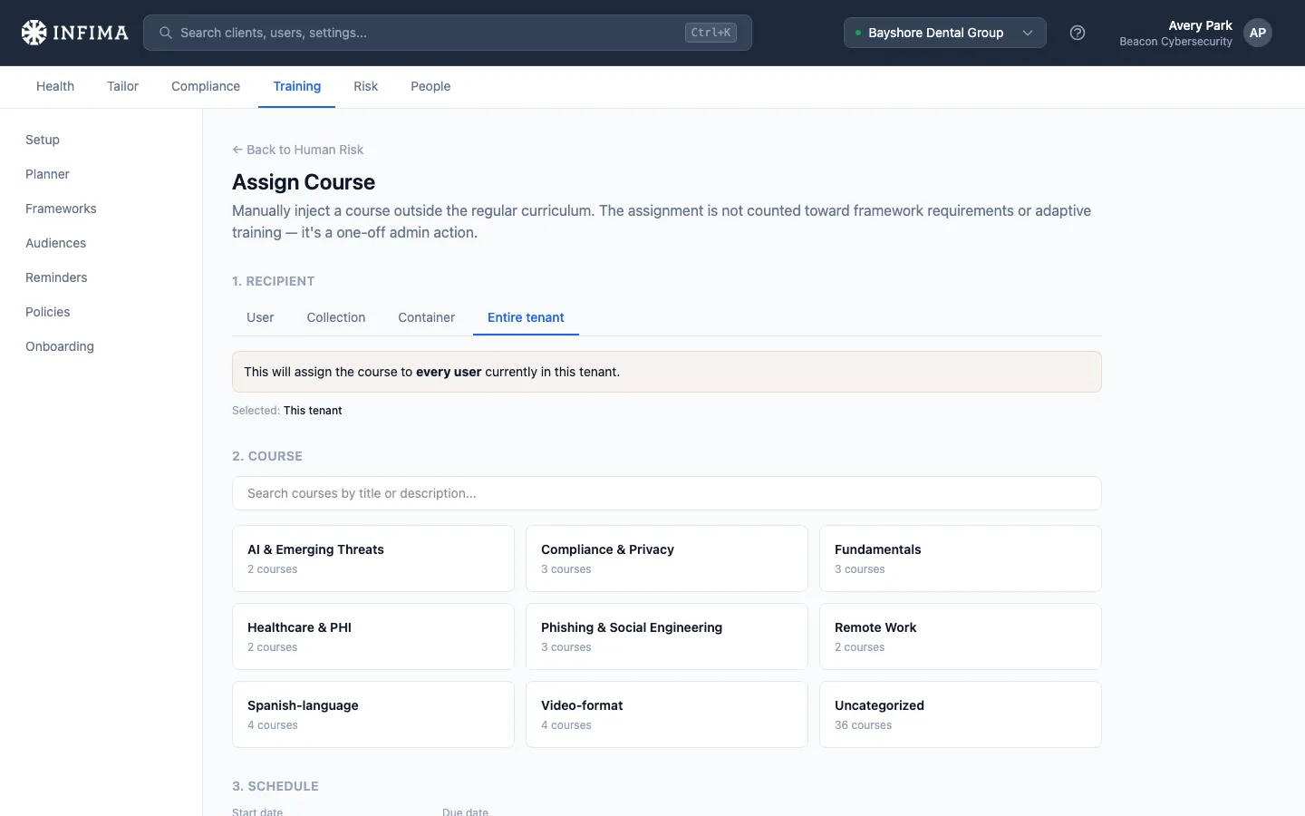 Assign Course page with recipient, course, dates, and a priority choice