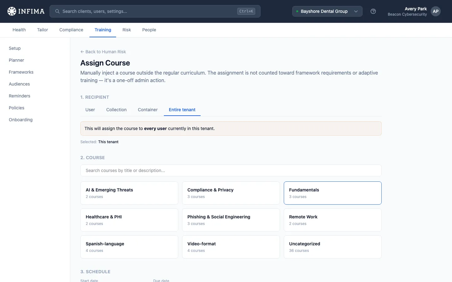 Assign Course page with recipient, course, dates, and a priority choice