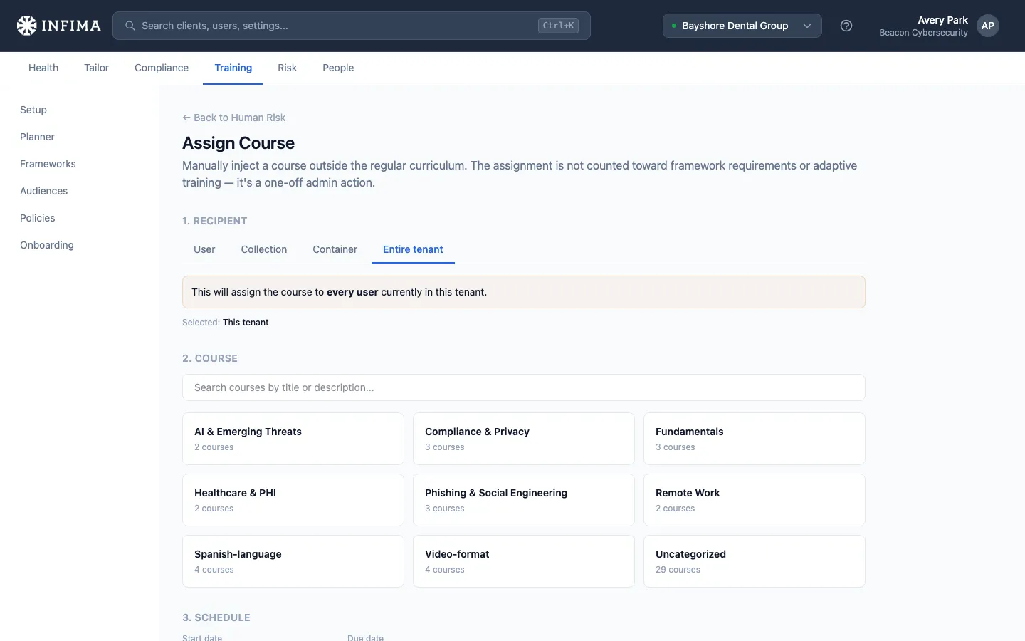 Assign Course page with scope tabs for User, Container, Collection, Tenant
