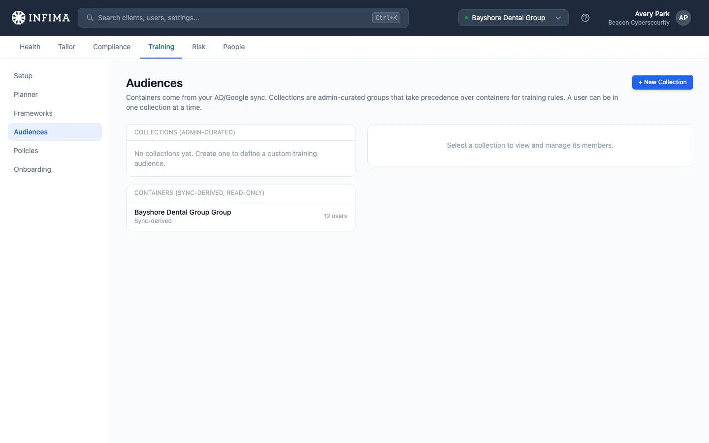 Training > Audiences page showing collections and sync-derived containers