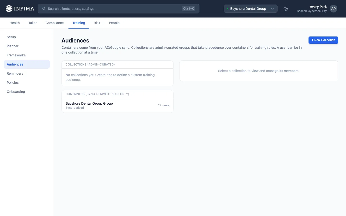 Training > Audiences page showing collections and sync-derived containers