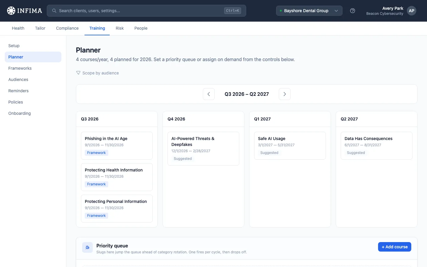 Training > Planner showing a rolling 4-quarter grid of scheduled courses
