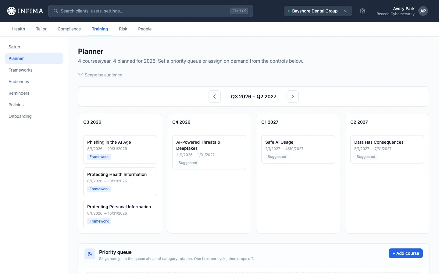 Training > Planner showing a rolling 4-quarter grid of scheduled courses