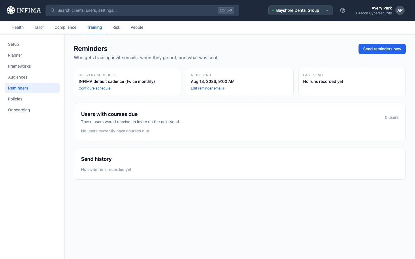 Training Reminders page with schedule status cards, users with courses due, and send history