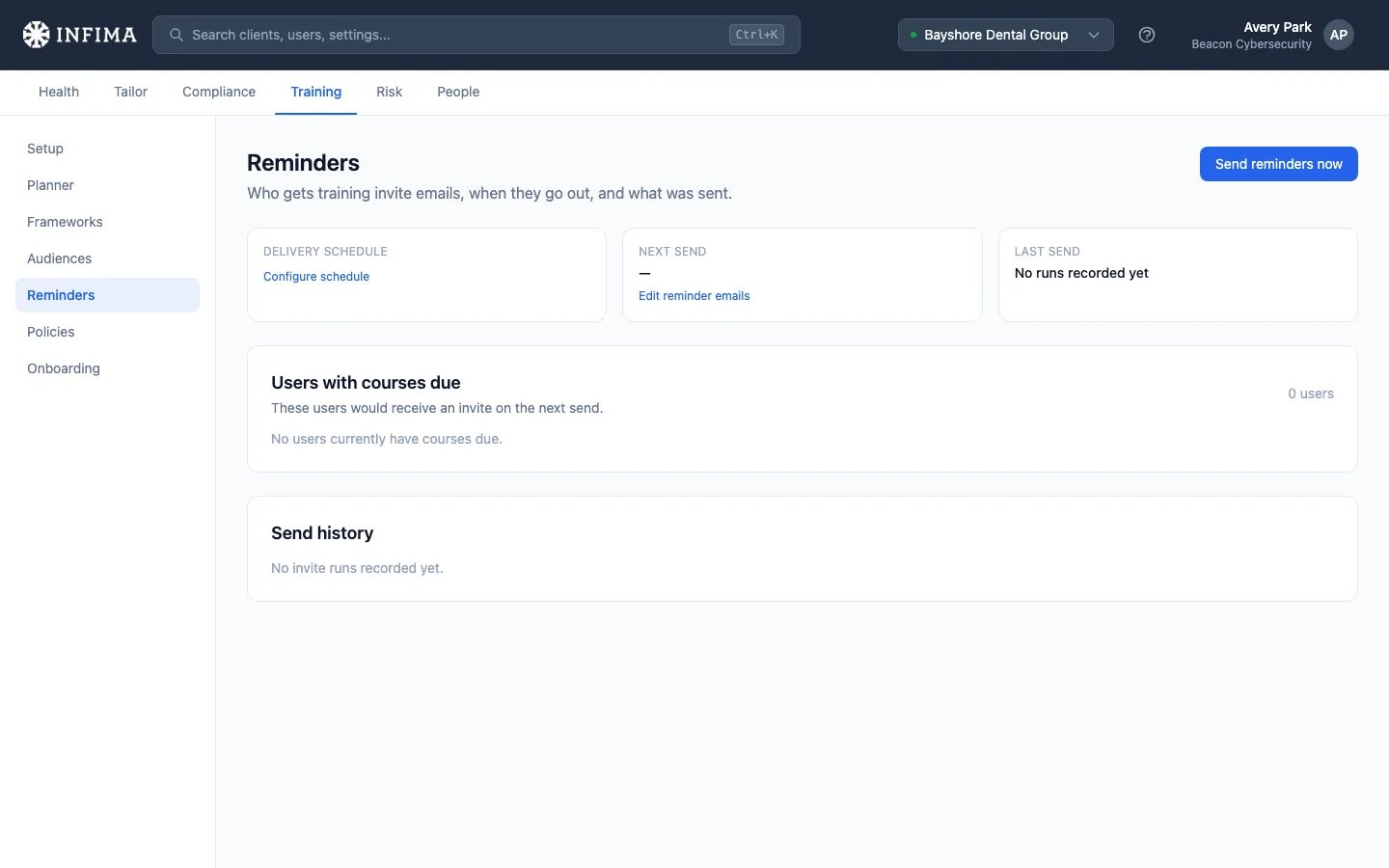 Training Reminders page with schedule status cards, users with courses due, and send history