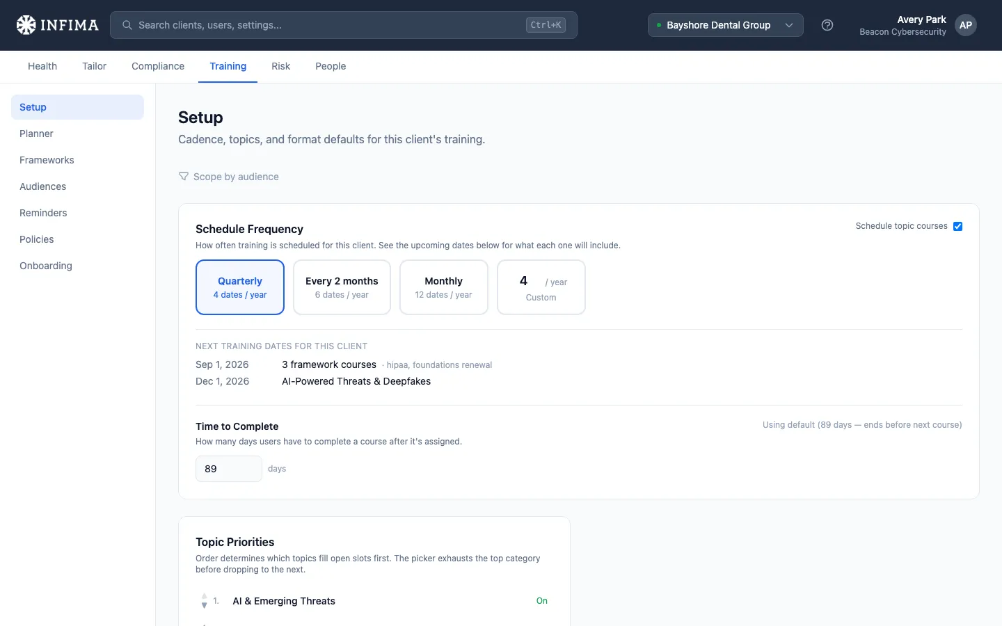 Training > Setup showing schedule frequency, adaptive toggle, topic priorities, and time to complete
