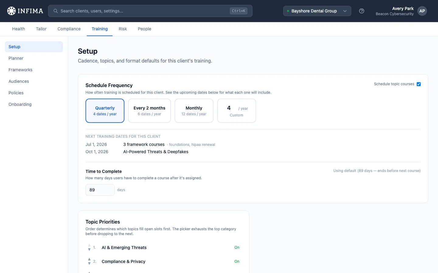 Training > Setup showing schedule frequency, adaptive toggle, topic priorities, and time to complete